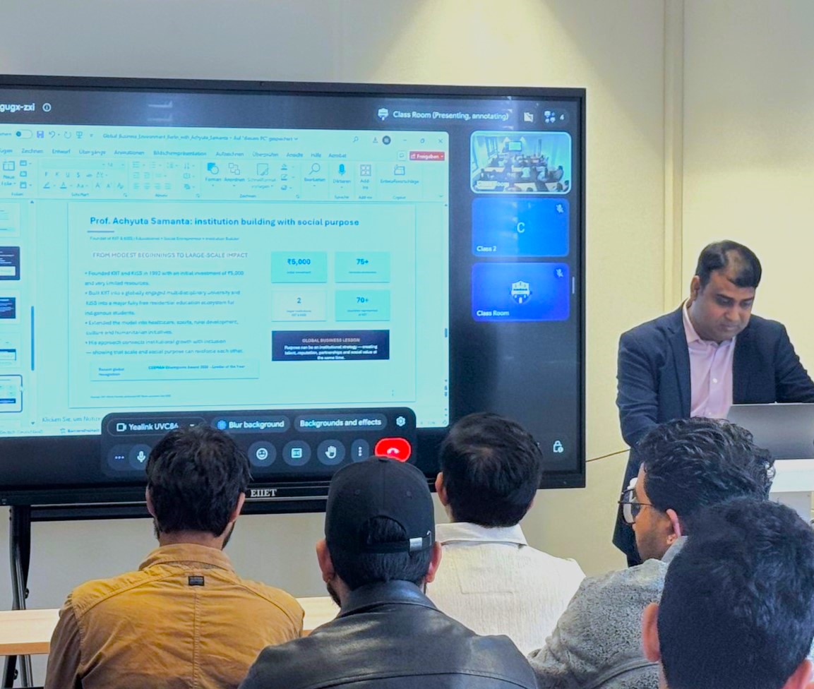 Dr. Vikas Kumar Sabata presenting the story of Prof. Achyuta Samanta, founder of KIIT and KISS, to EIIET students